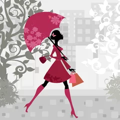 Poster Bloemenmeisje mooie vrouw met paraplu