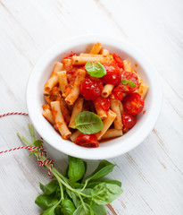 Sedani rigati with cherry tomatoes and basil