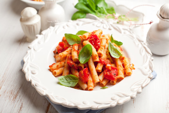 Sedani rigati with cherry tomatoes and basil