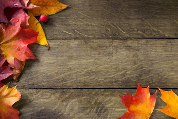 yellow  autumn leaves on background old wood