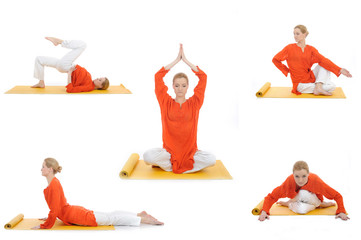 collage yoga photos. young woman doing yoga exercises - 35639282
