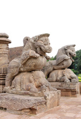 Giant lions crushing war elephants at the entrance of sun temple