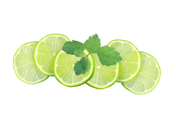 Fresh juicy lime slices and mint leaves isolated on white