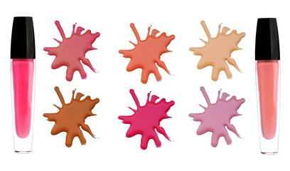 Lipsticks (lipgloss) with samples of pink and red colors on whit