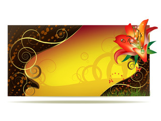 Colored background with lily and curly gold decoration