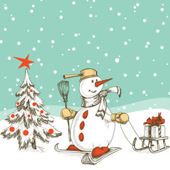 Skiing snowman with sledge and Christmas tree
