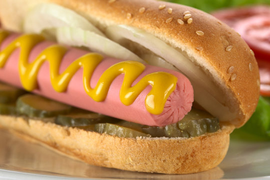 Hotdog with pickles, onion and mustard