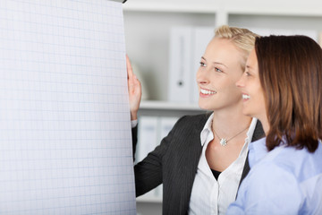 zwei frauen im büro stehen am flipchart