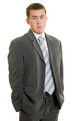 Dissatisfied businessman on a white background.