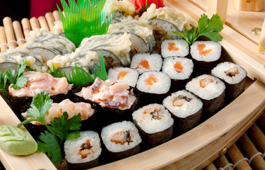 Assorted sushi Japanese food on the ship