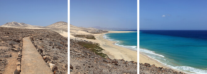 panorama en tryptique sur l'île de fuerteventura aux canaries