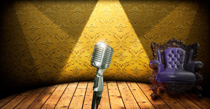 Retro microphone on stage and luxury chair