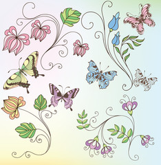 set of flowers and butterflies