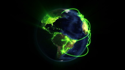 Shaded and lighted Earth with green connections in movement