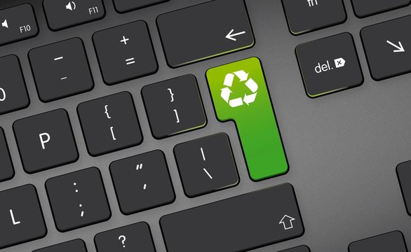 recycling icon, button on black keyboard