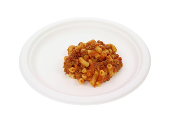 Paper plate with macaroni and beef
