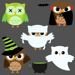 Naklejka premium Set of cute vector owls in Halloween costumes