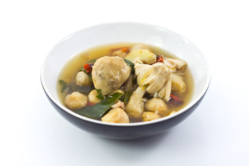 Thai Dishes - Spicy soup made from  Mushrooms and Chicken Meat