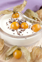 frischer Joghurt mit Physalis und Schokostreusel