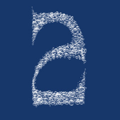 Numeral two created from bubbles in water. Isolated on blue