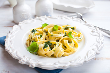 Tagliatelle Pasta with Blue Cheese Sauce and Spinach