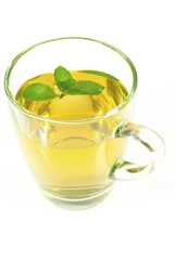 mint tea and leaves on white