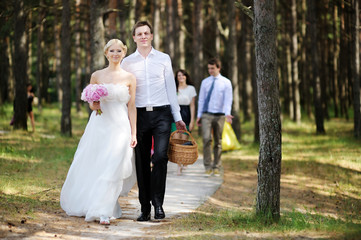 Bride and groom walking together