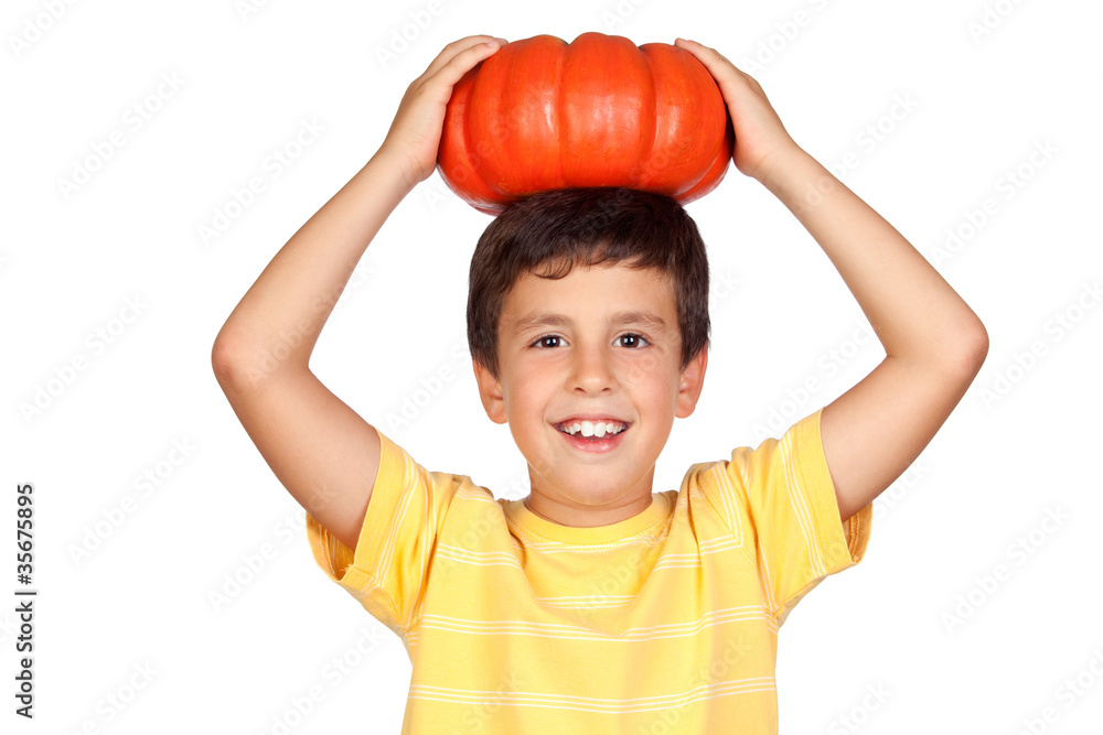 Sticker Beautiful little boy with a big pumpkin