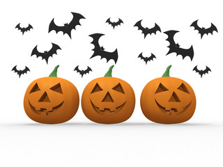 Halloween pumpkin & bats on white background
