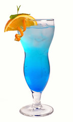 blue cocktail with ice and orange