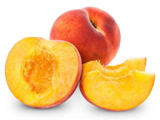 fresh peach fruits and half. Isolated on white background