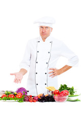 serious chef with bright food