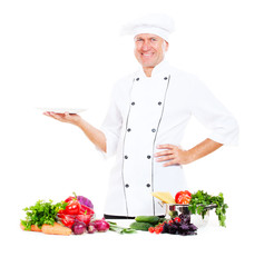 smiley chef holding empty plate