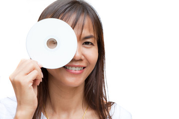 smile woman with dvd-rom on white background