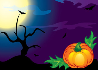 Halloween pumpkin, trees and bats.