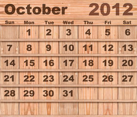 Wood calendar Set of Year 2012 October