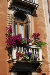 Fototapeta na wymiar Arched window with balcony and flowers in Venice, Italy
