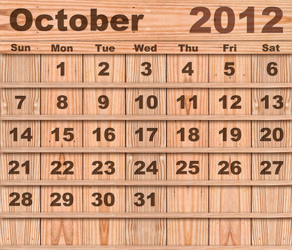 Wood calendar Set of Year 2012 October