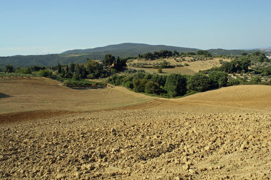 land of ploughed fields in the hills of Tuscany in summer