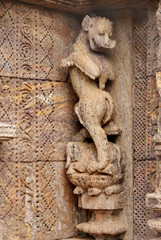 A lion face mythical beast sculpture at Sun Temple, Konark
