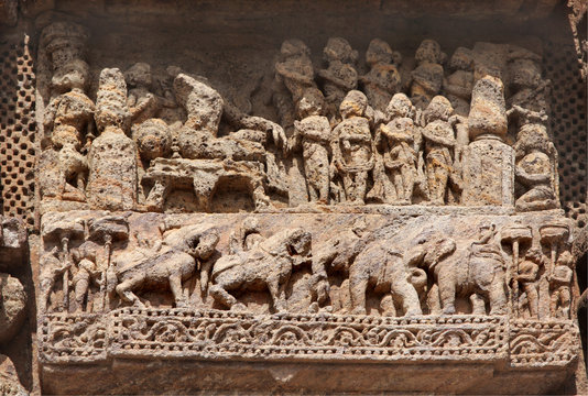 Beautifully carved courtly scene and war horses and elephants