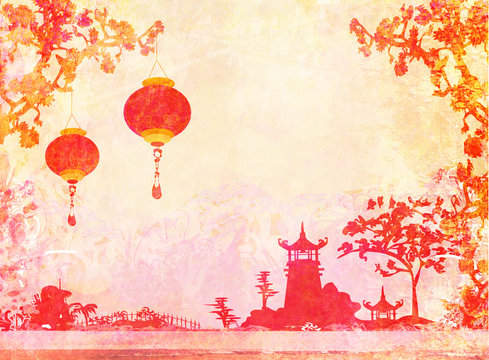 Fototapeta old paper with Asian Landscape and Chinese Lanterns