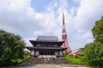 Tokyo Tower and Zojo-ji Temple in Tokyo, Japan