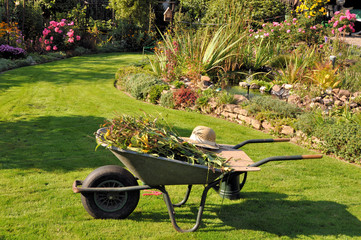 Spätsommerlicher Garten mit Schubkarre und Grünschnitt