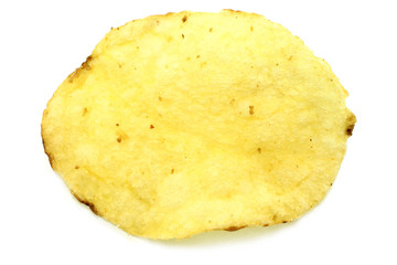 Single potato chip close-up on a white background