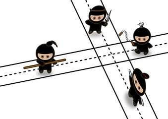 Abstract ninjas fighting on crossroad