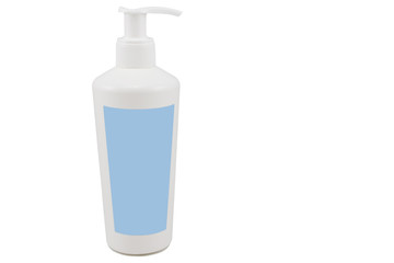 Plastic handwash bottle with blank label on white