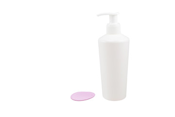 Fototapeta na wymiar Plastic handwash bottle with spilled liquid on white