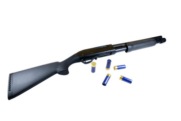 Shotgun rifle with some shells isolated on white