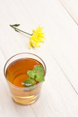 Cup of hot tea with fresh mint leaves